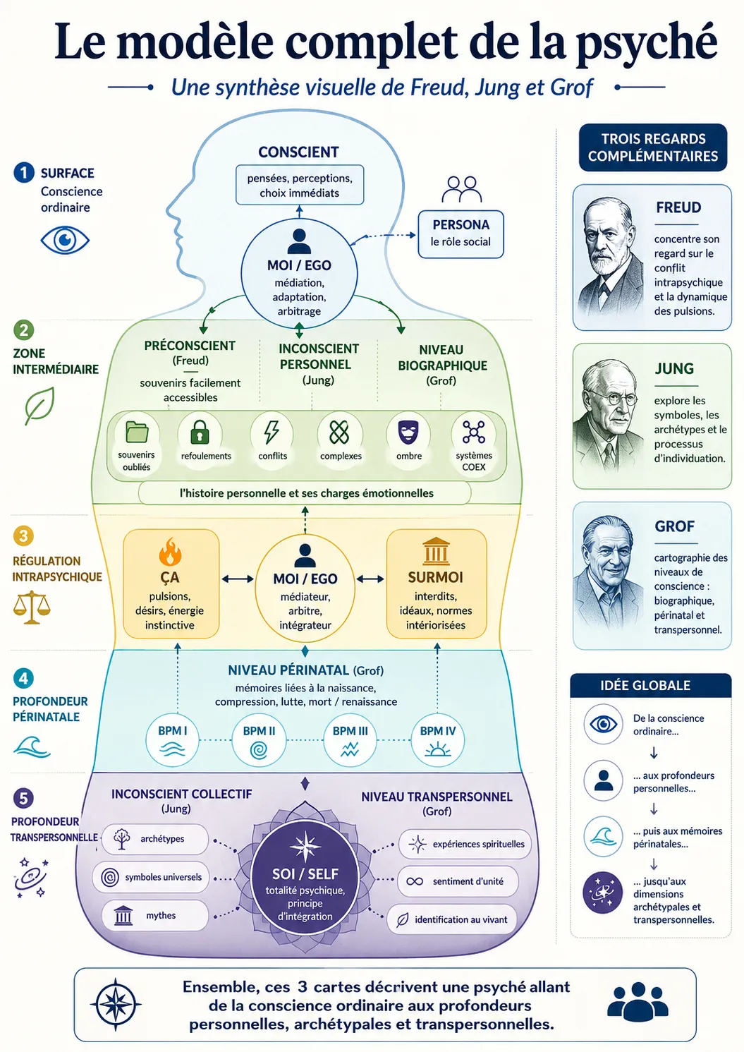 Schéma du modèle complet de la psyché synthétisant Freud, Jung et Grof : de la conscience ordinaire en surface aux profondeurs personnelles, périnatales et transpersonnelles, avec le Moi, le Ça, le Surmoi, l'inconscient collectif et le Soi.