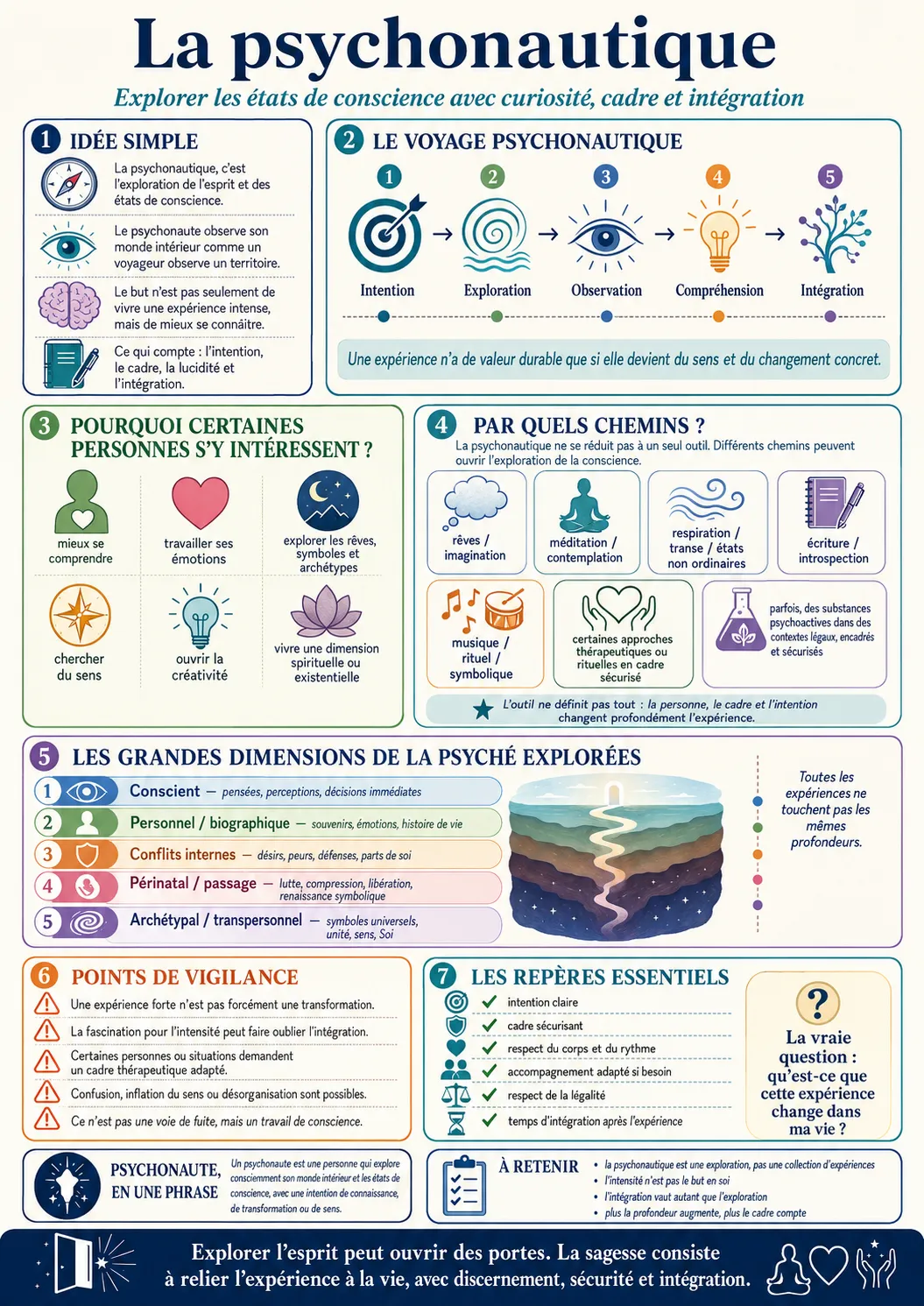 Schéma sur la psychonautique : le voyage en cinq temps (intention, exploration, observation, compréhension, intégration), les raisons de s'y intéresser, les chemins possibles, les grandes dimensions de la psyché explorées, les points de vigilance et les repères essentiels.